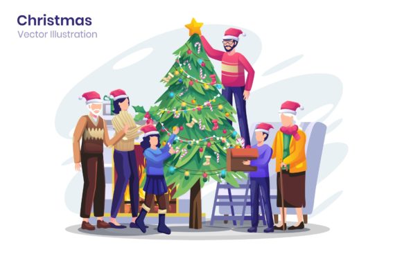 Family Christmas Tree Flat Illustration: A Modern Design Essential for Holiday Creativity