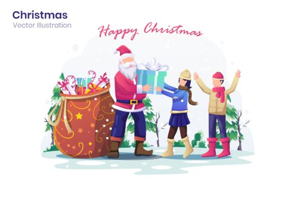Santa Gives Gift to Kids Illustration