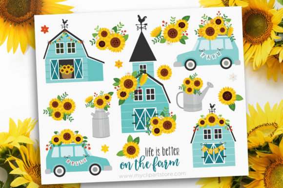 Sunflower Farm House Blue Clipart