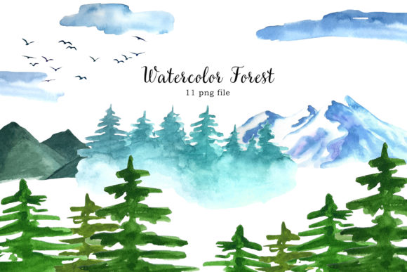 Watercolor Forest Tree Clipart, Mountain